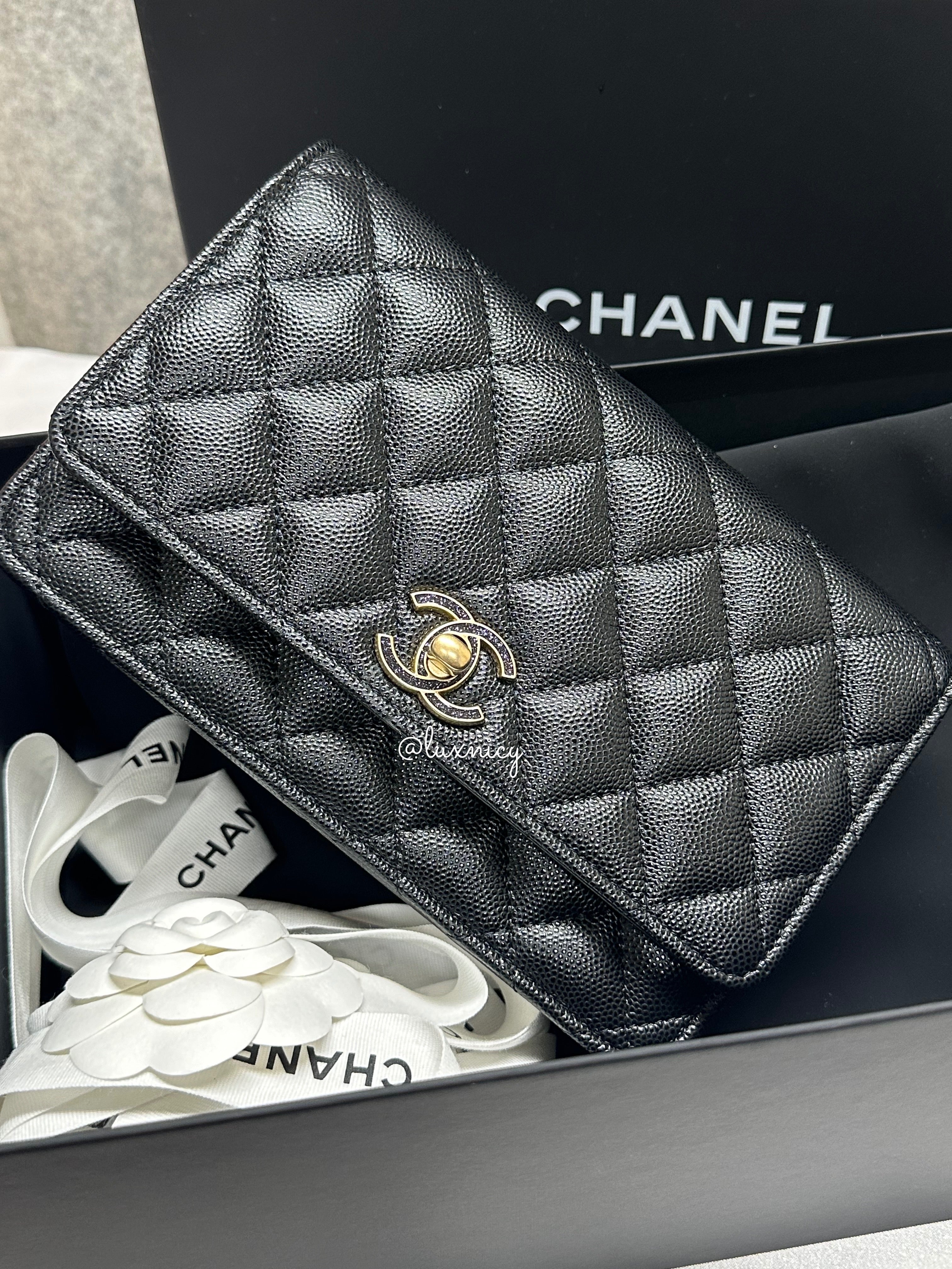 Chanel 24c black caviar chain with charms WOC, - Luxnicy