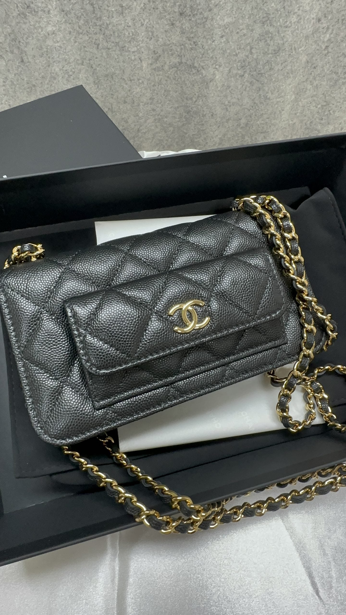 Chanel 23b Black Caviar Phone Bag with Double Chain