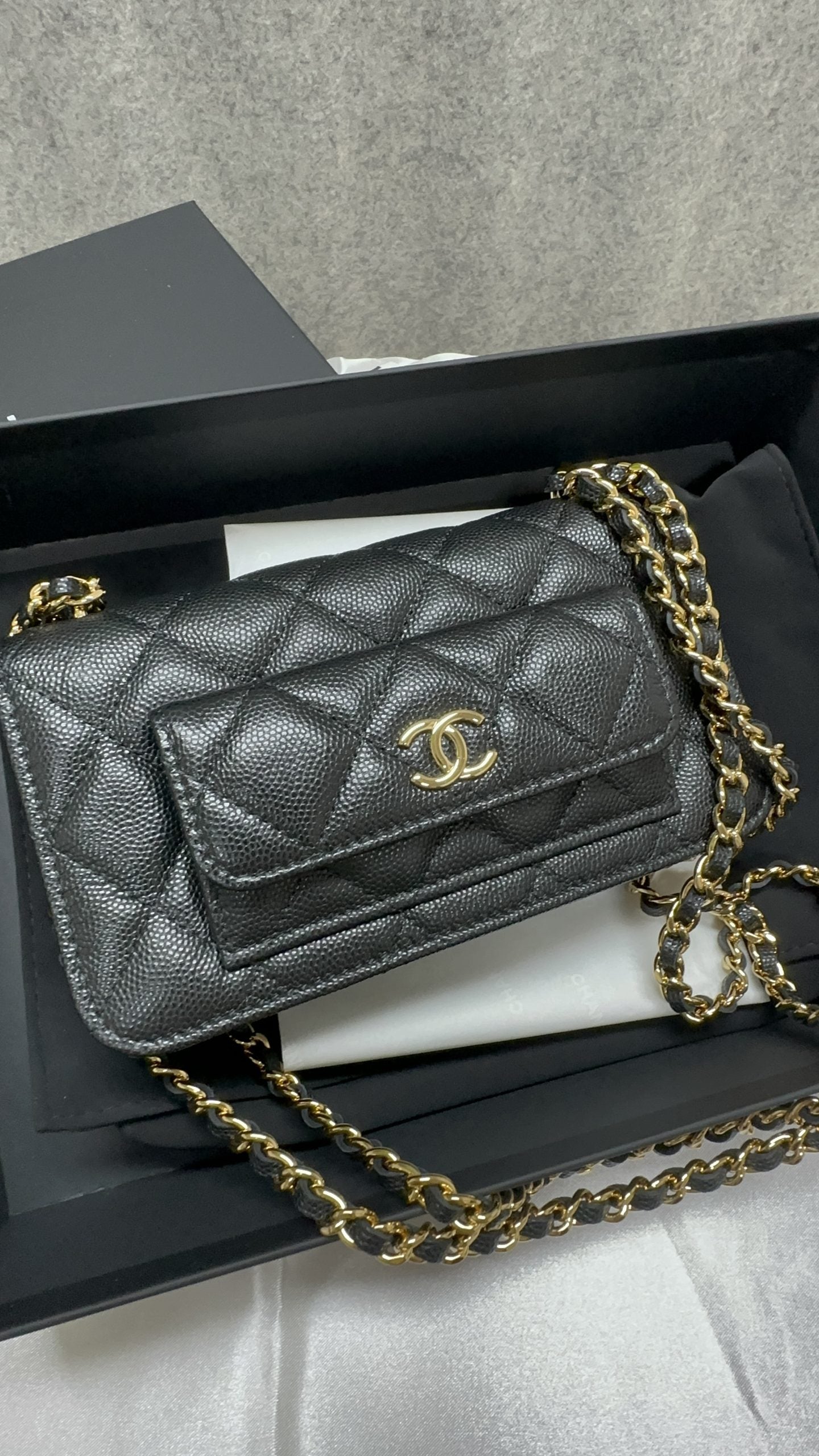 Chanel 23b Black Caviar Phone Bag with Double Chain, - Luxnicy