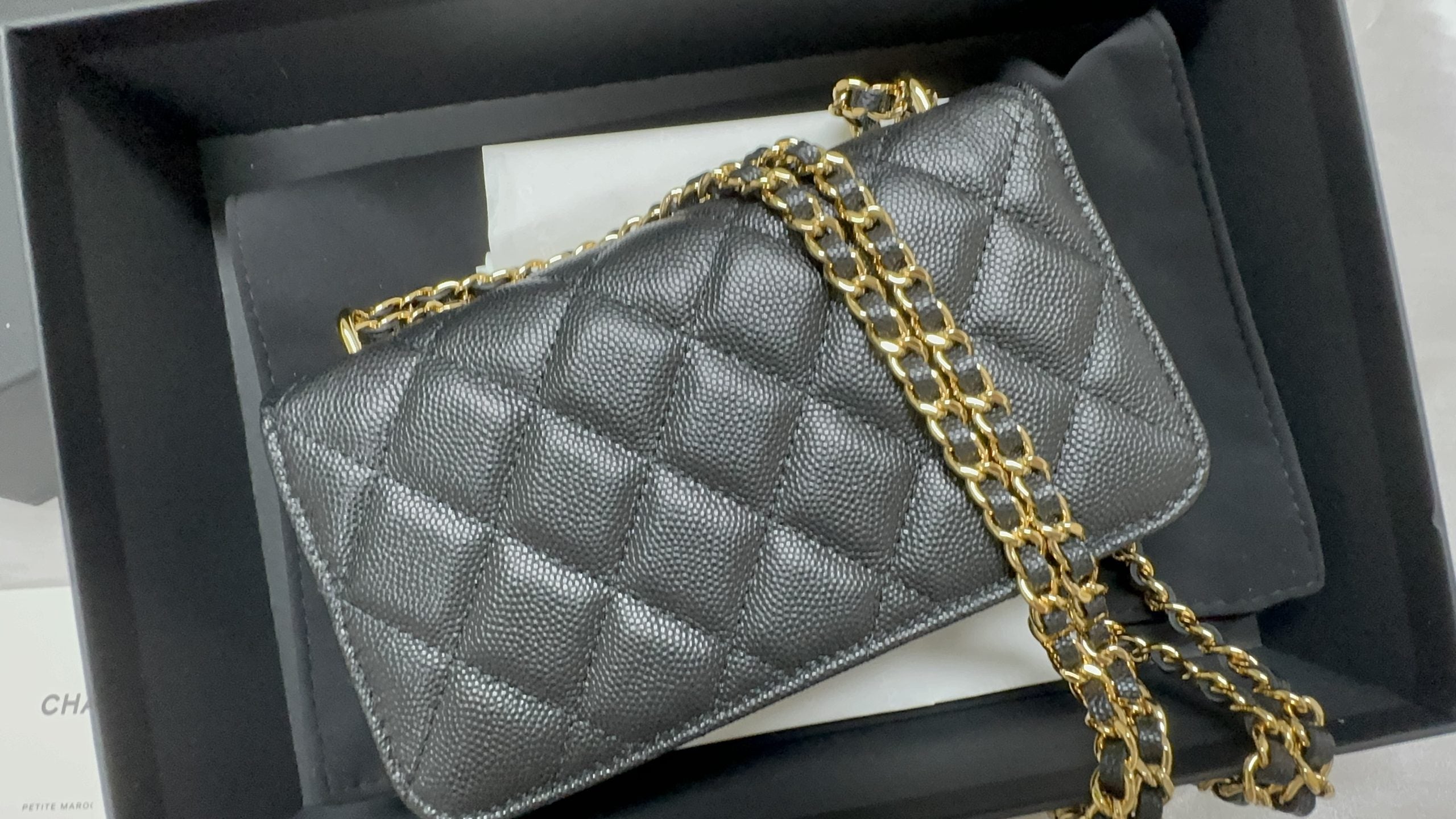 Chanel 23b Black Caviar Phone Bag with Double Chain