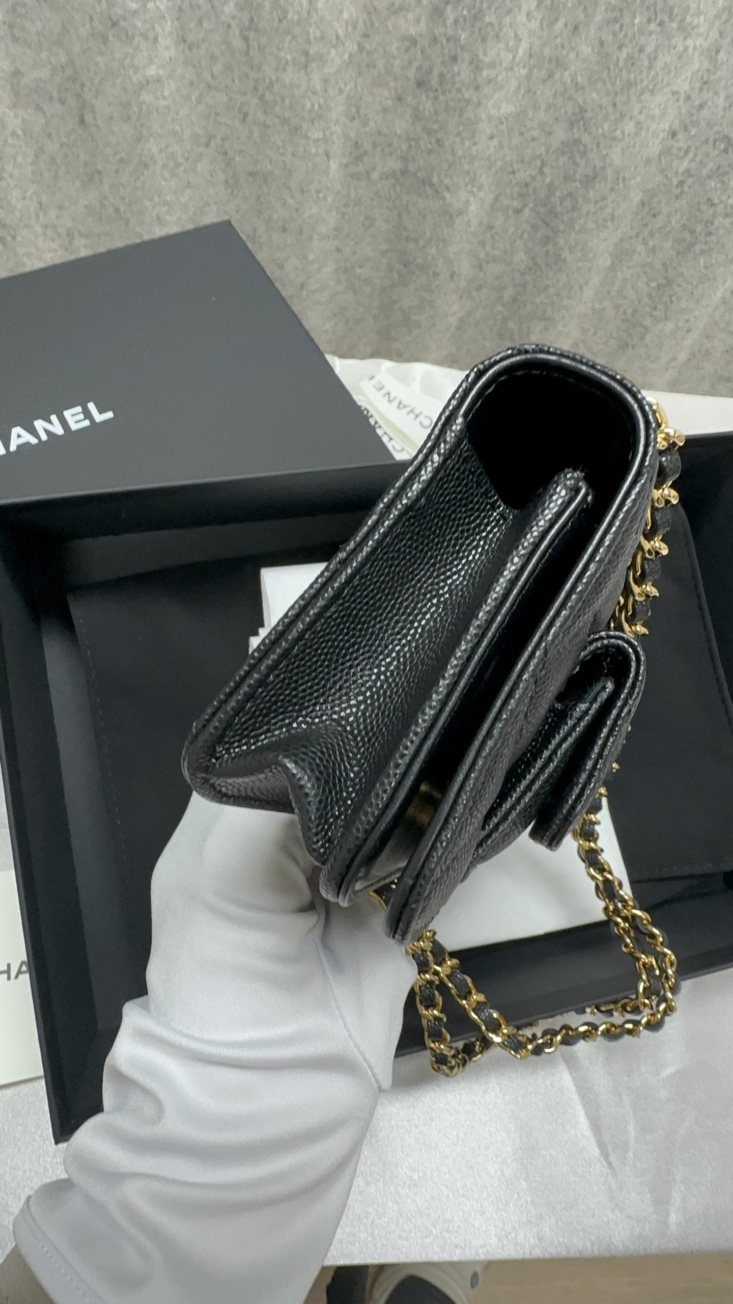 Chanel 23b Black Caviar Phone Bag with Double Chain