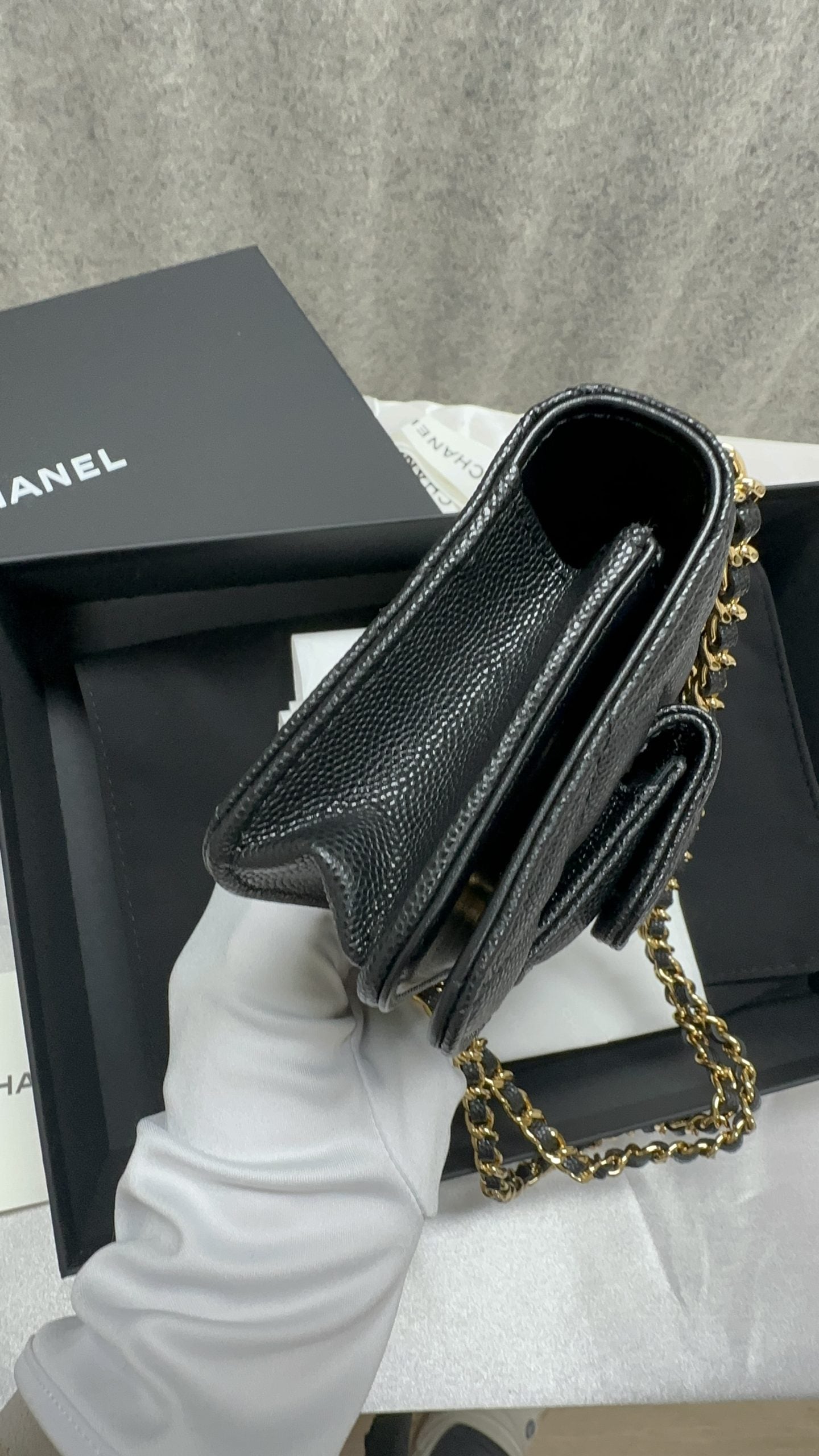 Chanel 23b Black Caviar Phone Bag with Double Chain, - Luxnicy