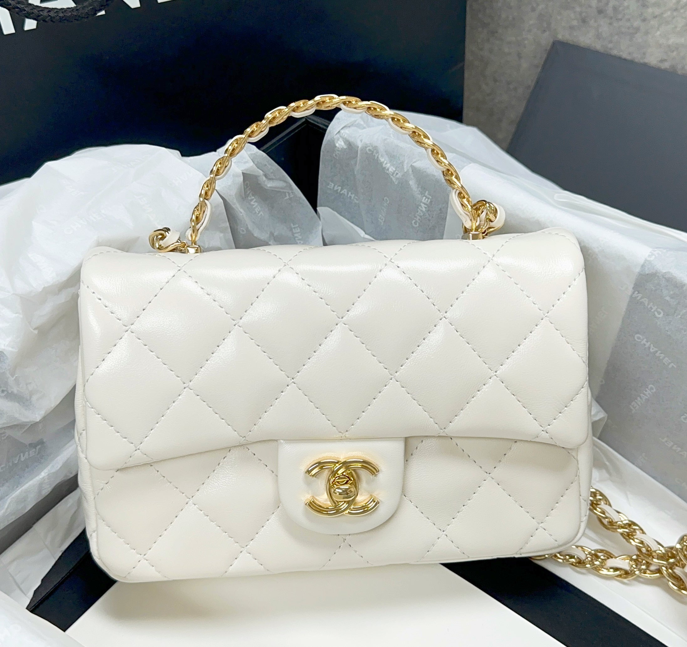Chanel 23s Top Handle Mini Flap in White (20cm), - Luxnicy