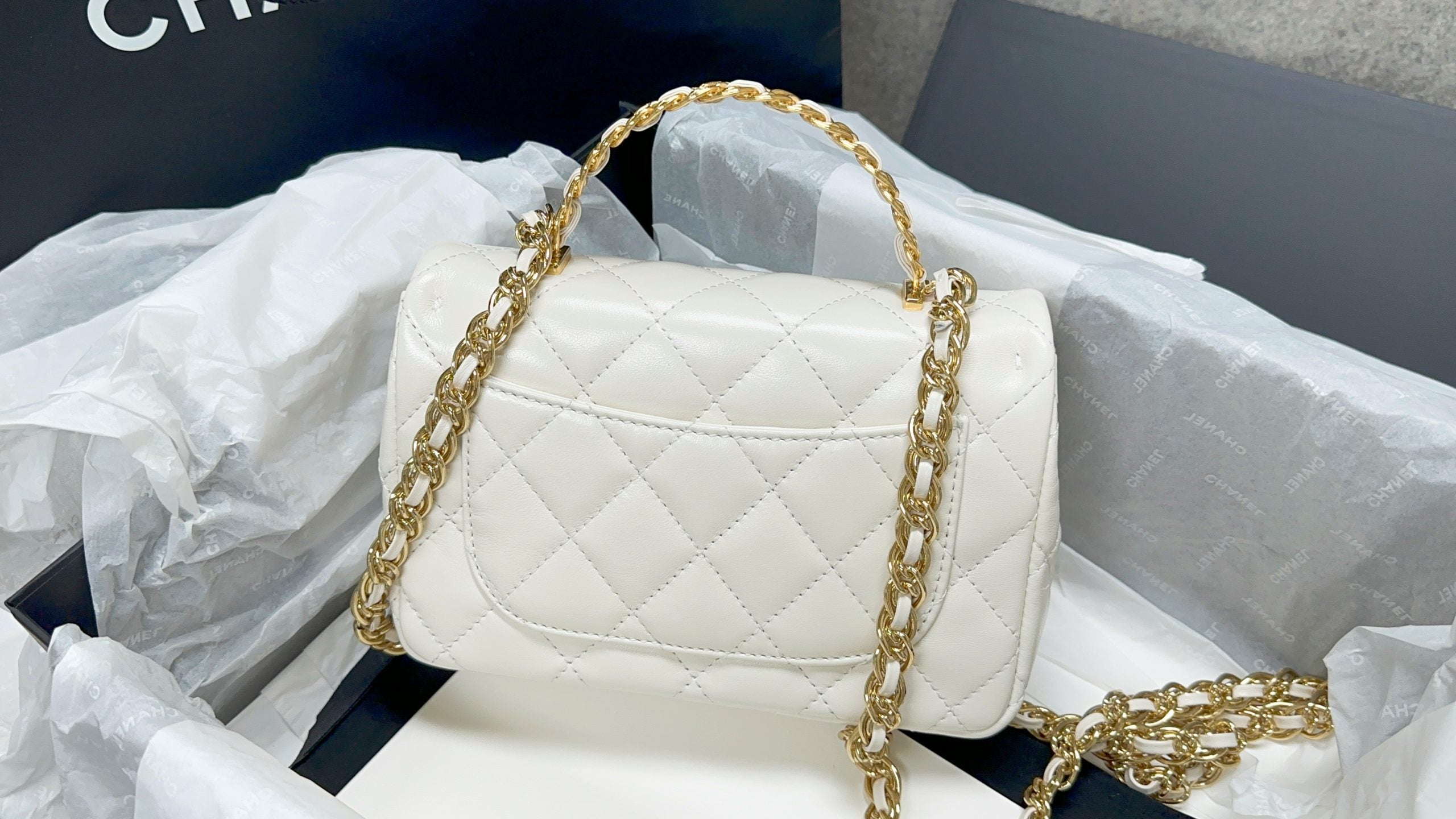 Chanel 23s Top Handle Mini Flap in White (20cm), - Luxnicy