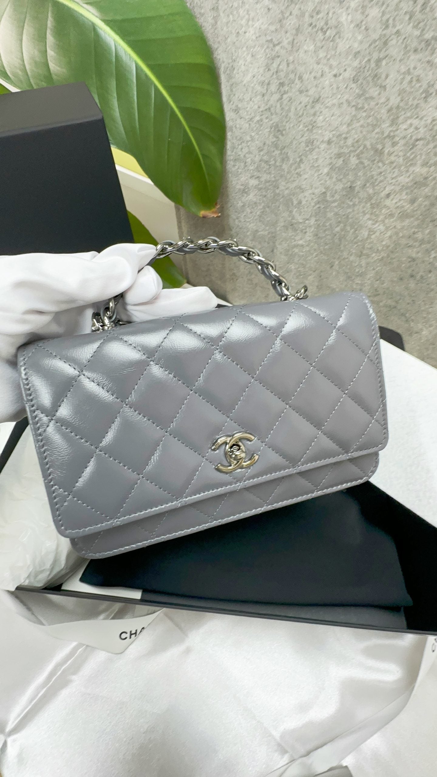 Chanel 23K Wallet on Chain (WOC) Top Handle in Grey, - Luxnicy